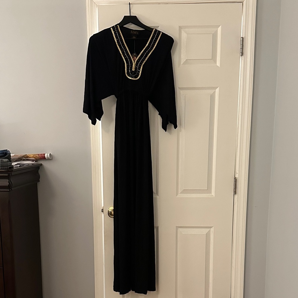 NWT IMAN Black flowy Sleeve Dress with Gold beaded Detailing